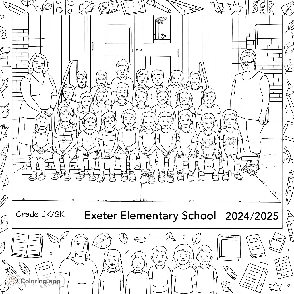 A charming school group photo with students and teachers, framed by school supplies. Perfect for a back-to-school coloring page.