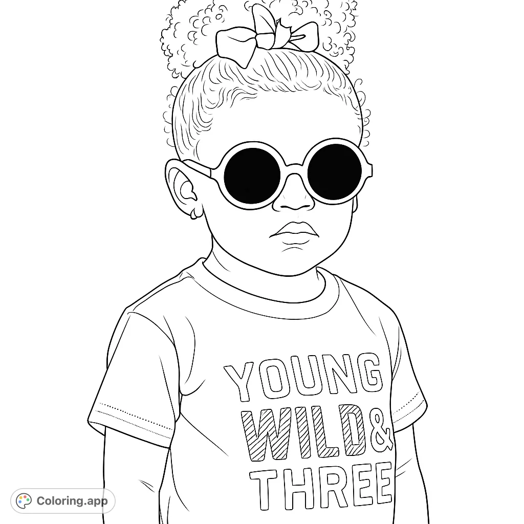 A charming toddler with curly hair, a cute bow, and cool round sunglasses, ready for a fun coloring adventure. Perfect for young artists.