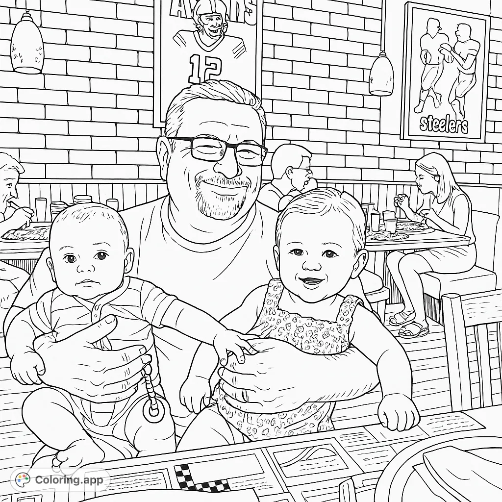 Capture a heartwarming family moment at a restaurant with a smiling dad holding two adorable babies. Perfect for family-themed coloring fun!