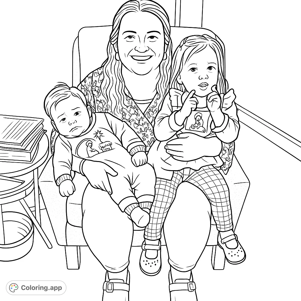 A heartwarming family coloring page featuring a mother holding her two children, both wearing festive nativity scene outfits. Perfect for holiday joy.