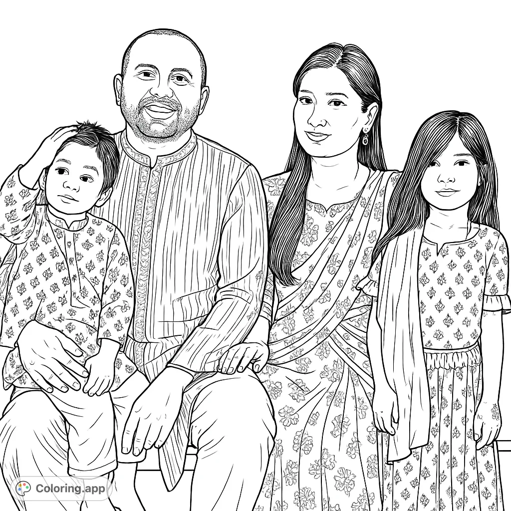 A heartwarming family portrait featuring a father, mother, son, and daughter in traditional attire, perfect for a cultural family coloring page.