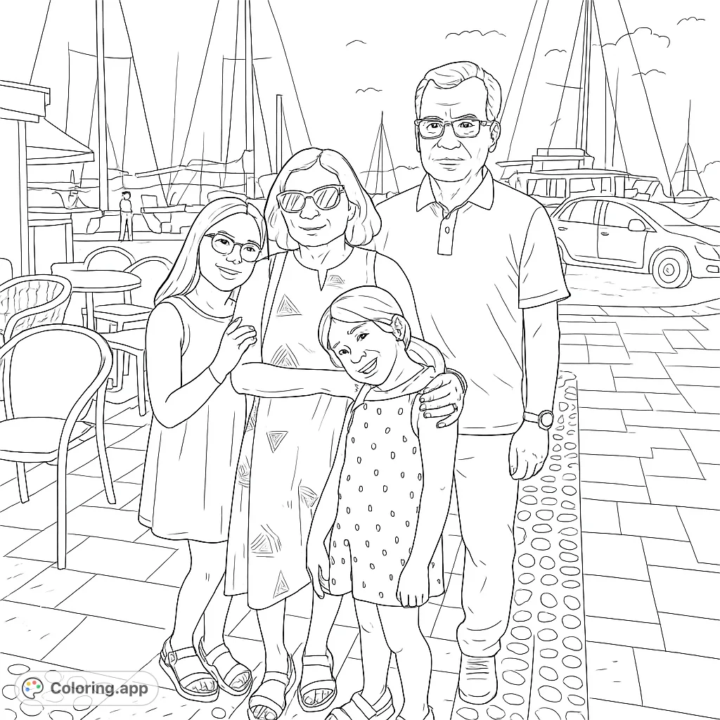 A happy family of four poses by a bustling marina with sailboats and cafe seating. A free printable family coloring page for all ages to enjoy.