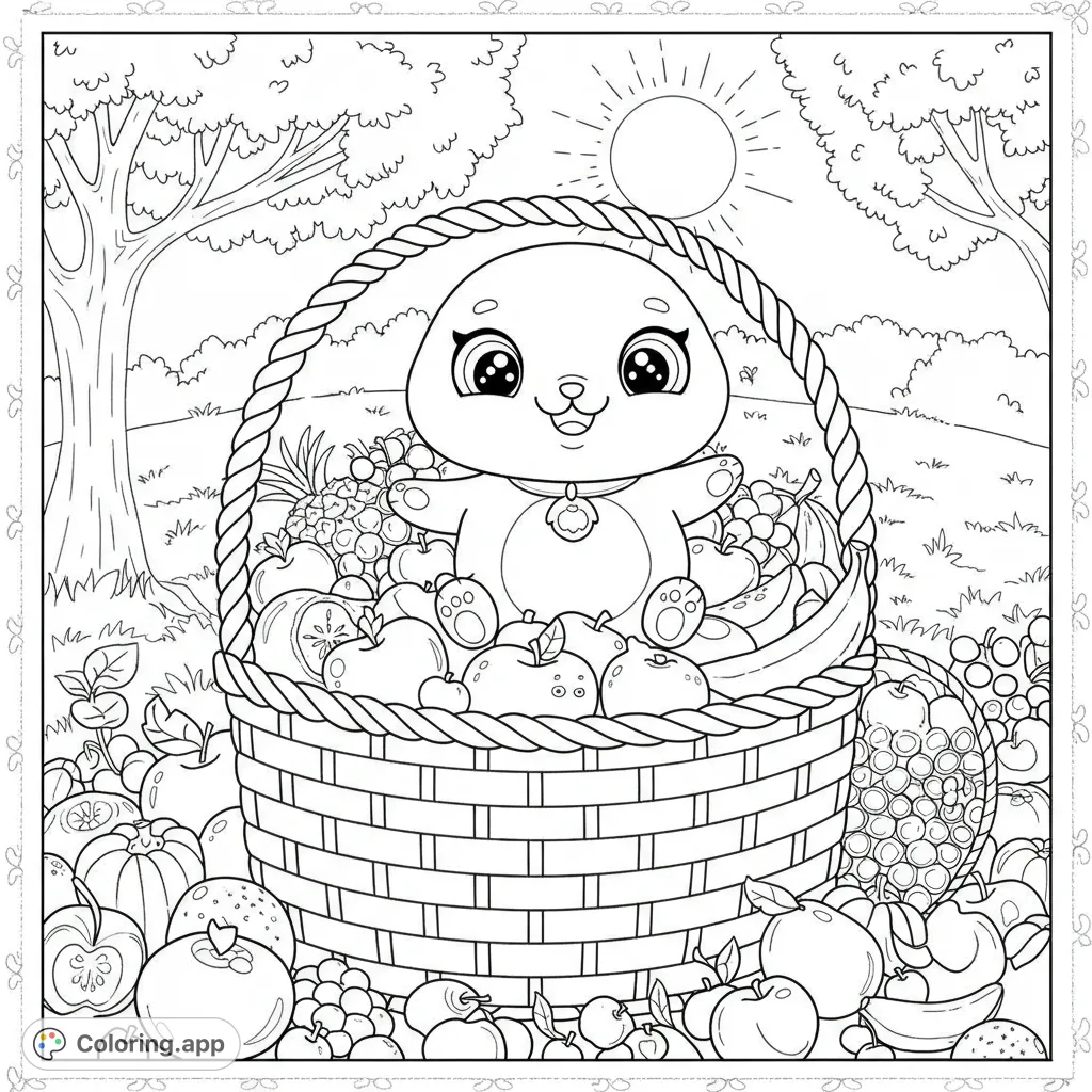 A charming animal in a basket overflowing with fruits, set in a sunny outdoor scene. A delightful free printable coloring page for all ages!
