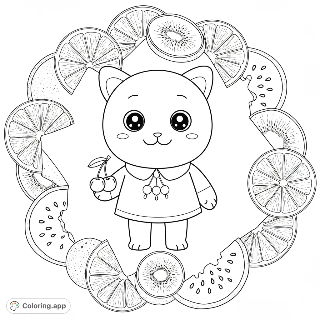 A delightful kawaii cat character holding cherries, framed by a vibrant assortment of fruit slices. Perfect for a fun, fruity coloring adventure!
