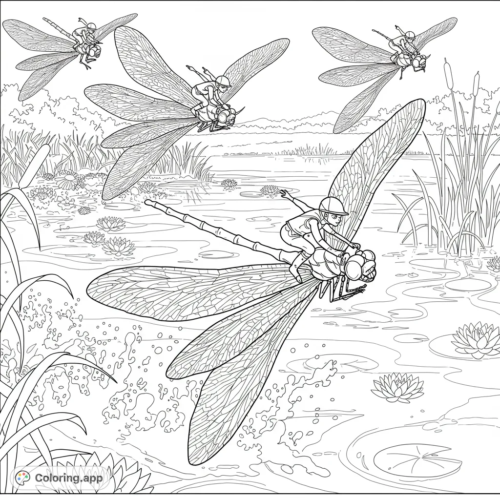 Experience the thrill of a vintage dragonfly race! Jockeys guide their winged steeds over a rippling lake, a unique free printable coloring page.