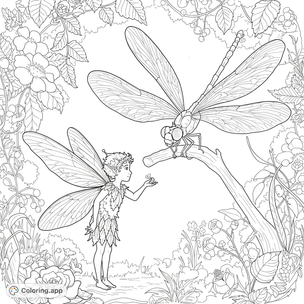 Discover a charming vintage-style fairy boy feeding his majestic giant dragonfly. A delightful free printable fairy coloring page for all ages.