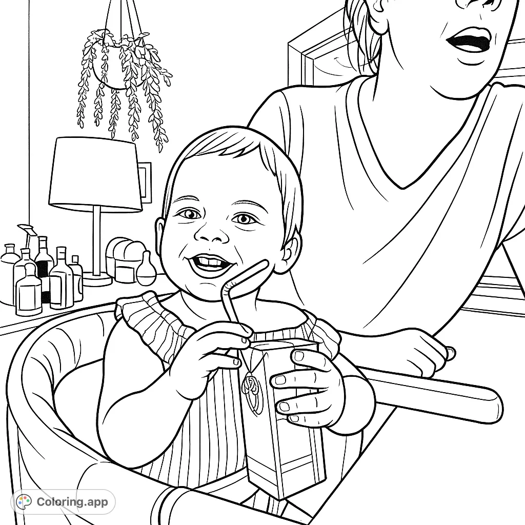 A joyful baby in a high chair sips juice, with an adult nearby. A heartwarming family moment, perfect for a free printable coloring page for kids.