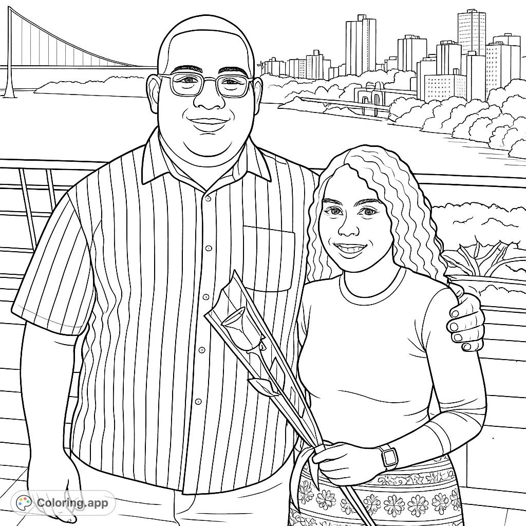 A heartwarming couple stands by a city skyline and bridge, holding a rose. Perfect for a romantic cityscape coloring page.