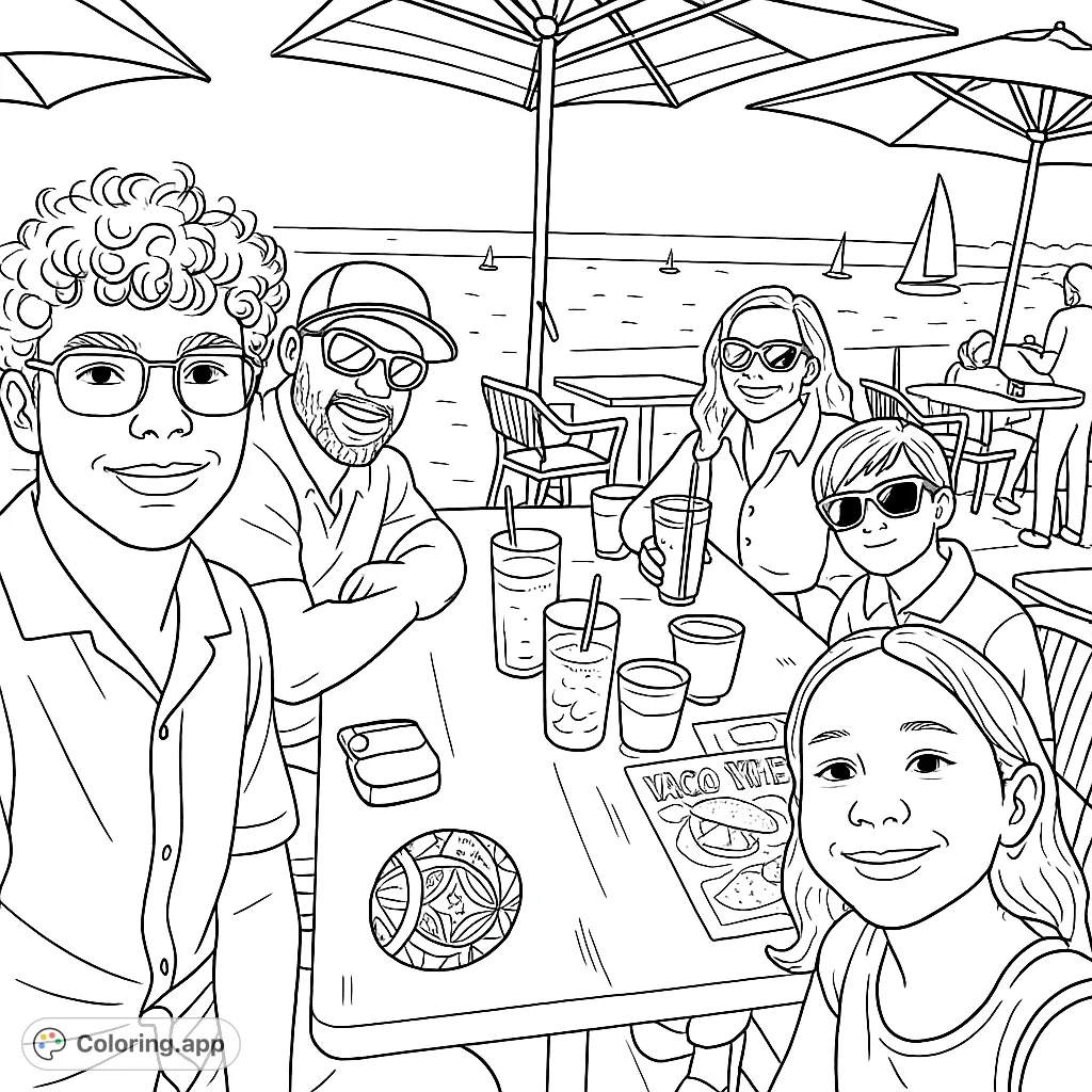 A joyful family of five enjoys a meal at a beachside restaurant. Features smiling faces, drinks, and sailboats. A perfect free printable coloring page for all ages.