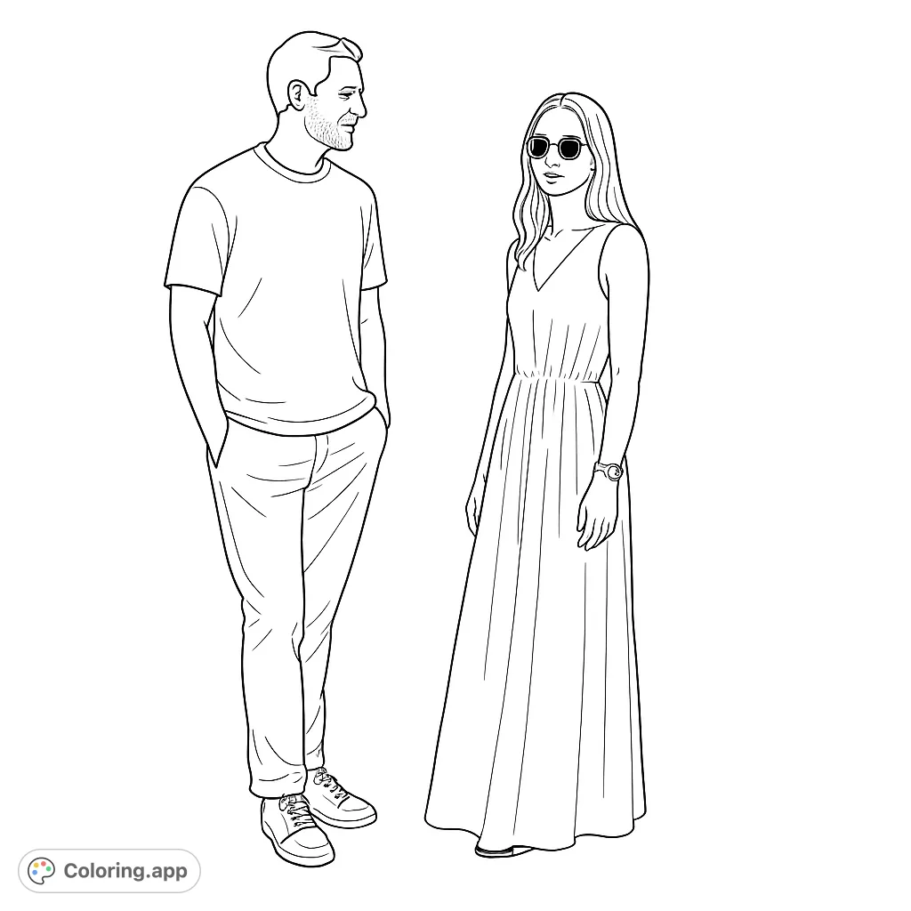 A stylish couple stands together, ready for your creative touch. Perfect for fashion enthusiasts and portrait coloring.