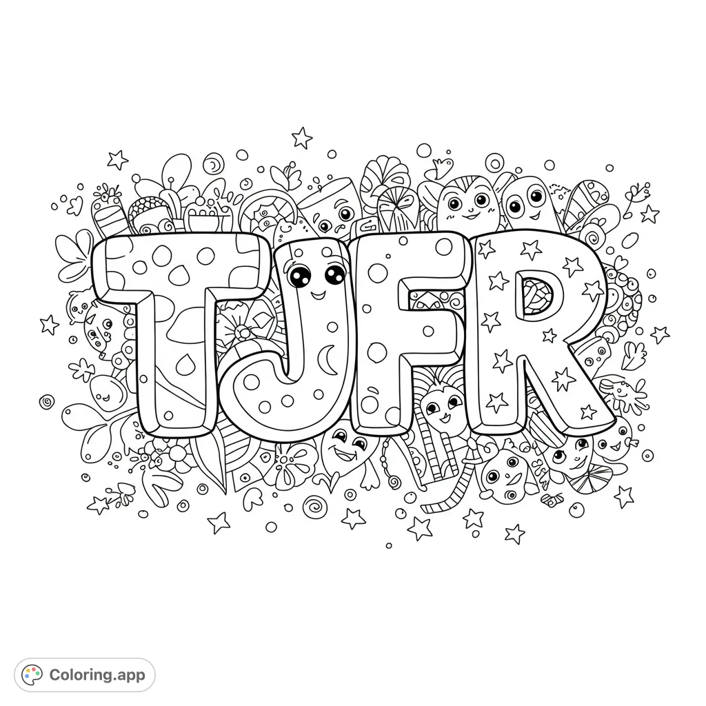 A whimsical doodle art coloring page featuring large bubble letters T, U, F, R surrounded by cute monsters, stars, and playful patterns.