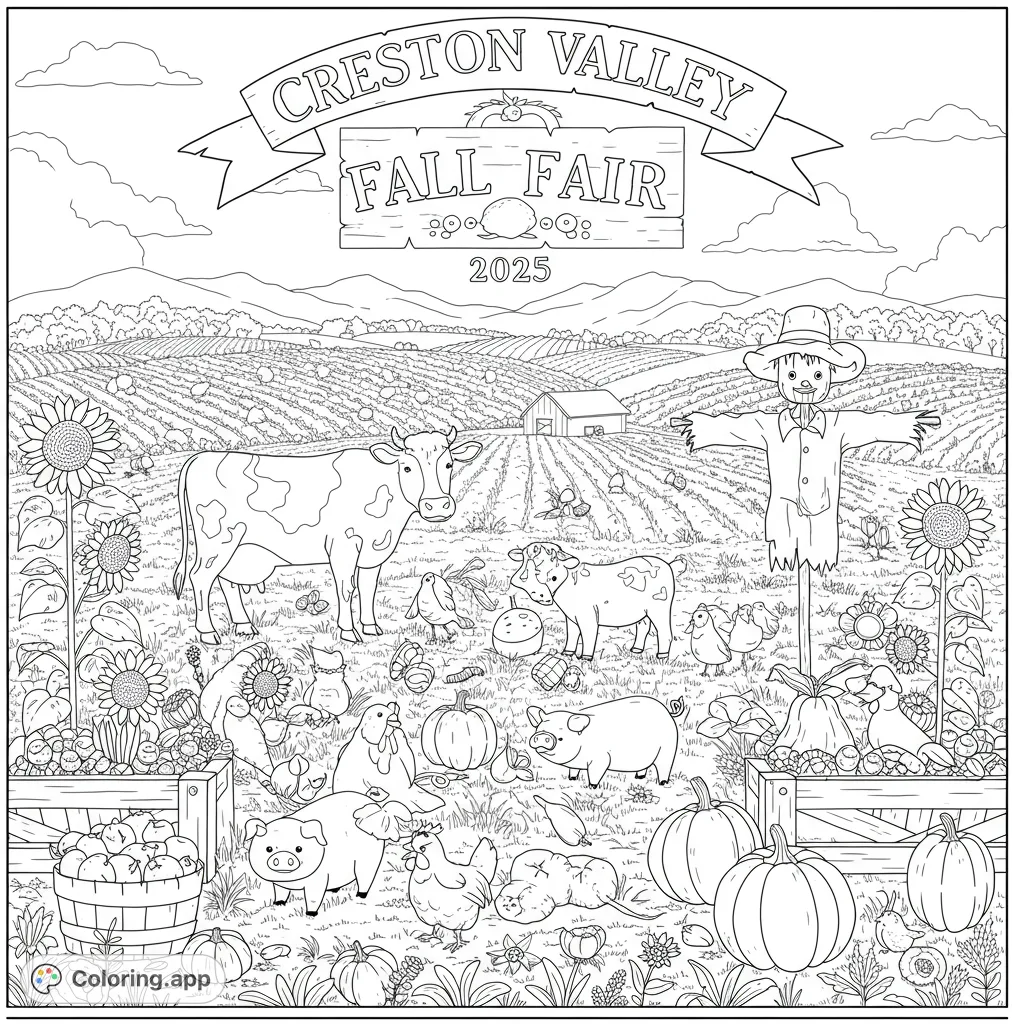 A lively autumn fair coloring page featuring farm animals, pumpkins, sunflowers, and a scarecrow. Perfect for fall fun and harvest celebrations!