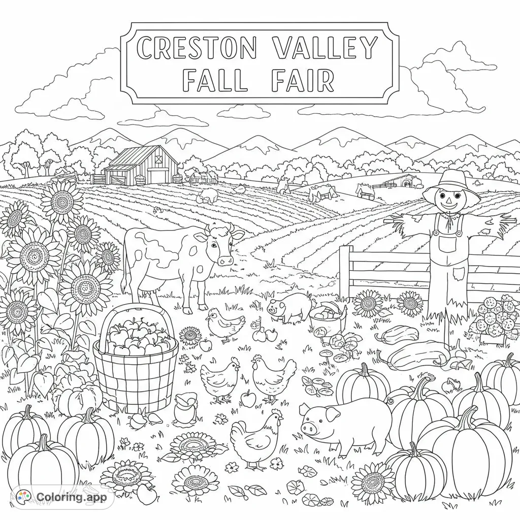 Celebrate autumn with this charming farm fair coloring page! Features pumpkins, sunflowers, farm animals, and a festive harvest scene. Perfect for all ages.