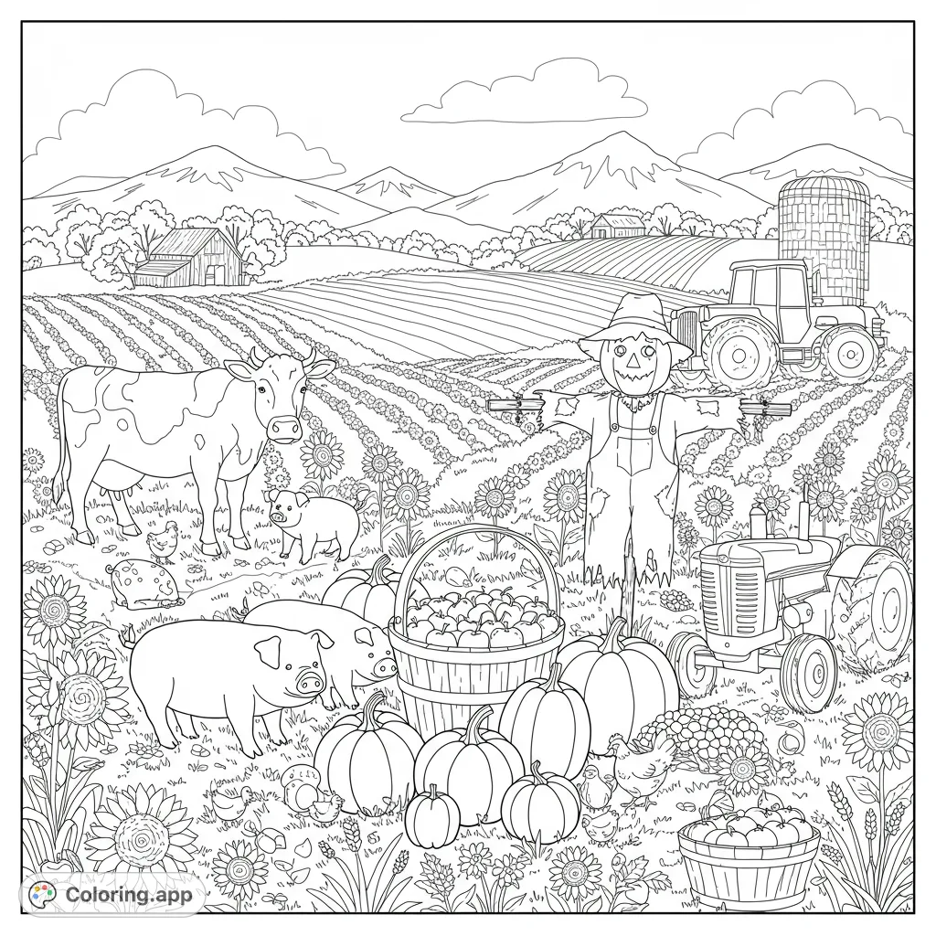 Explore a charming farm harvest scene with friendly animals, a scarecrow, pumpkins, and tractors. A delightful free printable farm coloring page for all ages!