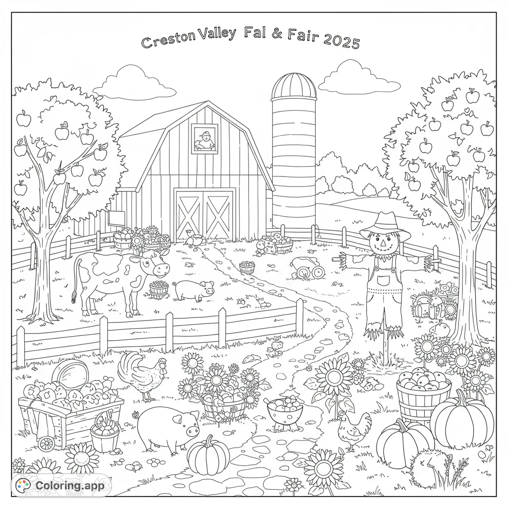 Explore a charming farm harvest scene with a barn, silo, friendly animals, scarecrow, and abundant produce. A delightful free printable coloring page for all ages.