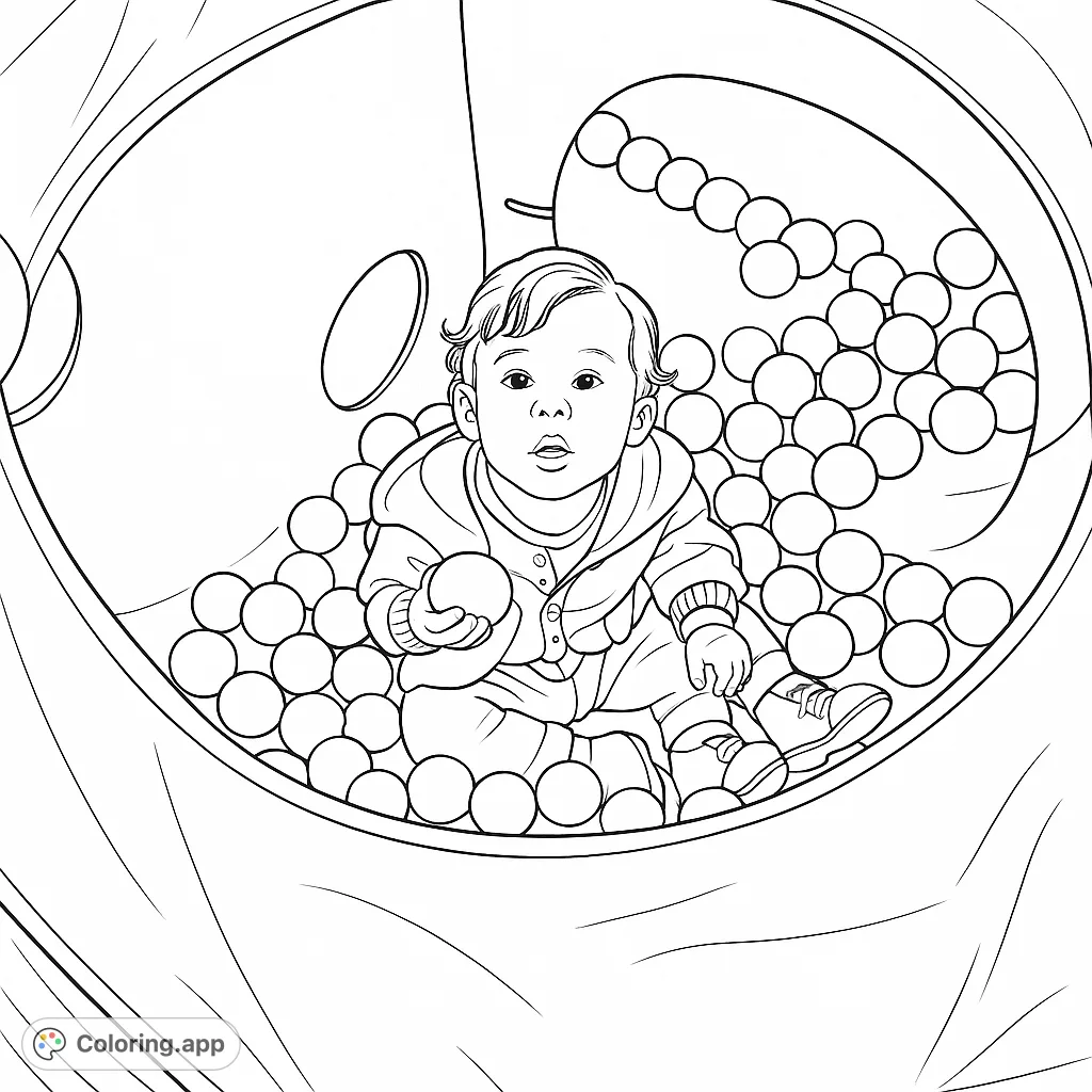 An adorable baby enjoys playtime in a vibrant ball pit, offering a delightful and engaging free printable coloring page for all ages.