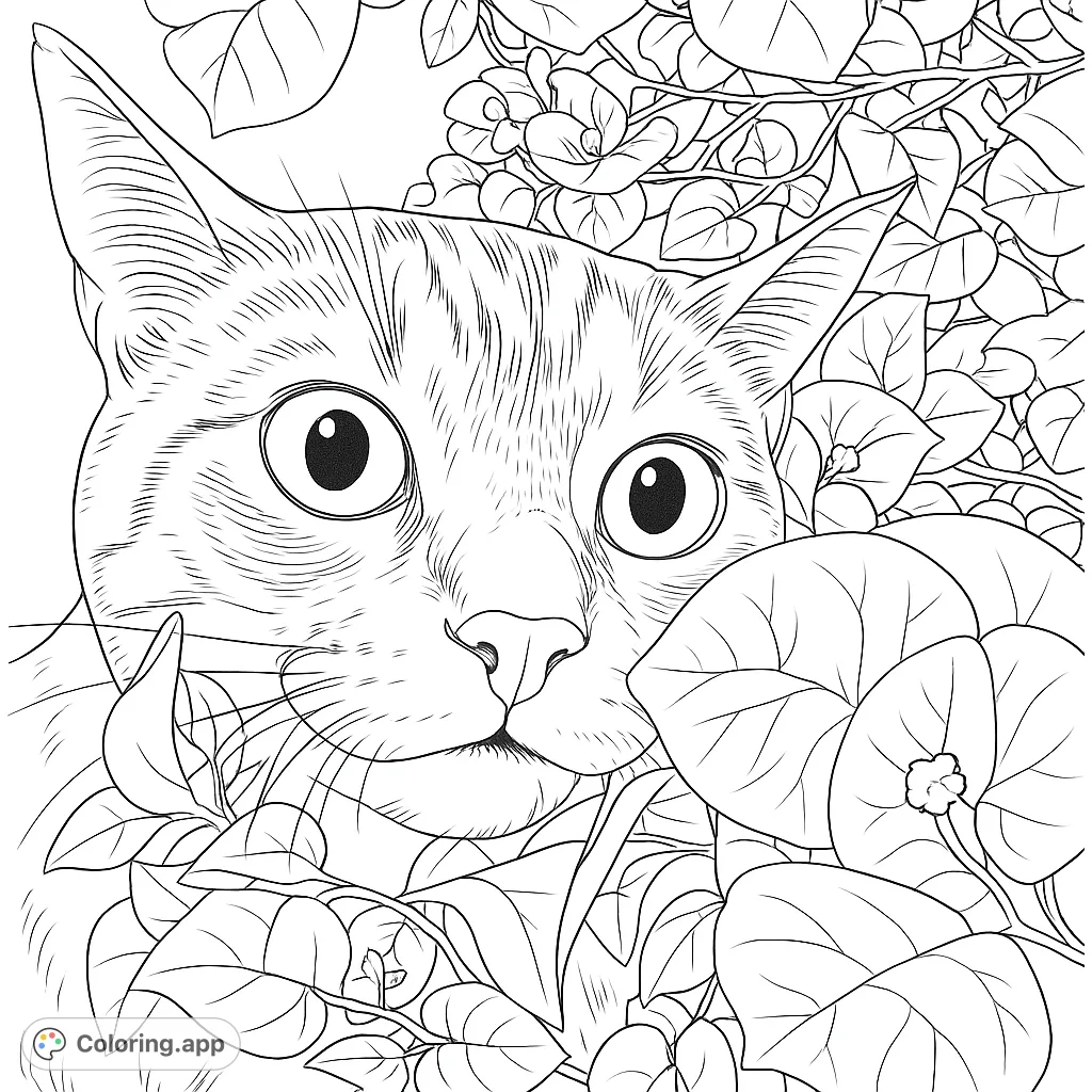 A charming cat peeks through lush leaves and flowers, inviting colorists to bring this adorable feline scene to life. Perfect for animal lovers!