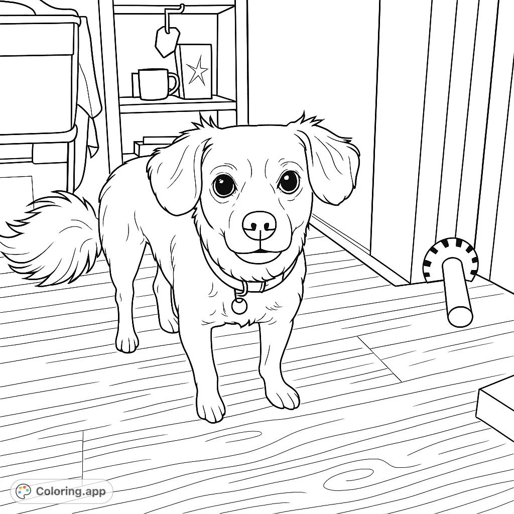 A charming dog coloring page featuring a happy, fluffy pup with a collar, standing on a wooden floor in a cozy room. Perfect for pet lovers!