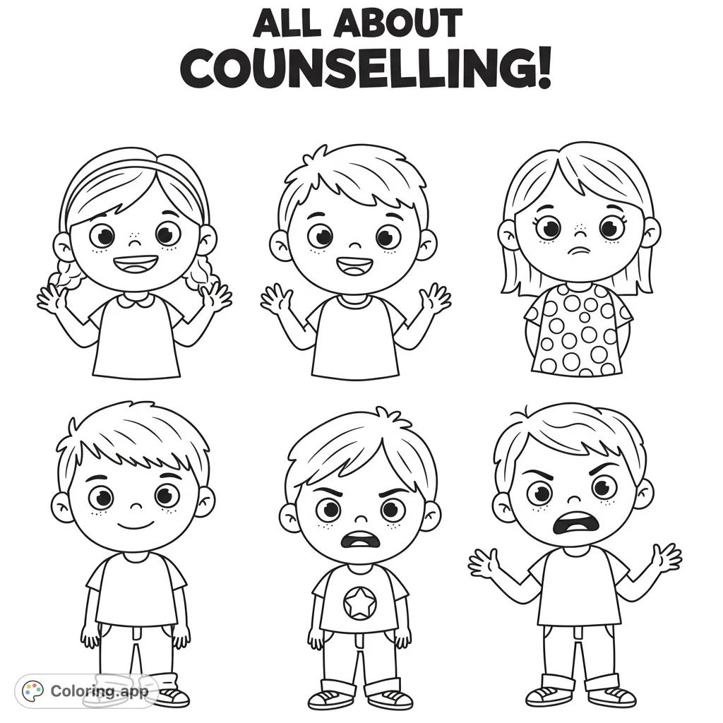 Six diverse cartoon children expressing various emotions, from joy to frustration, perfect for a feelings coloring page. Free printable for all ages!