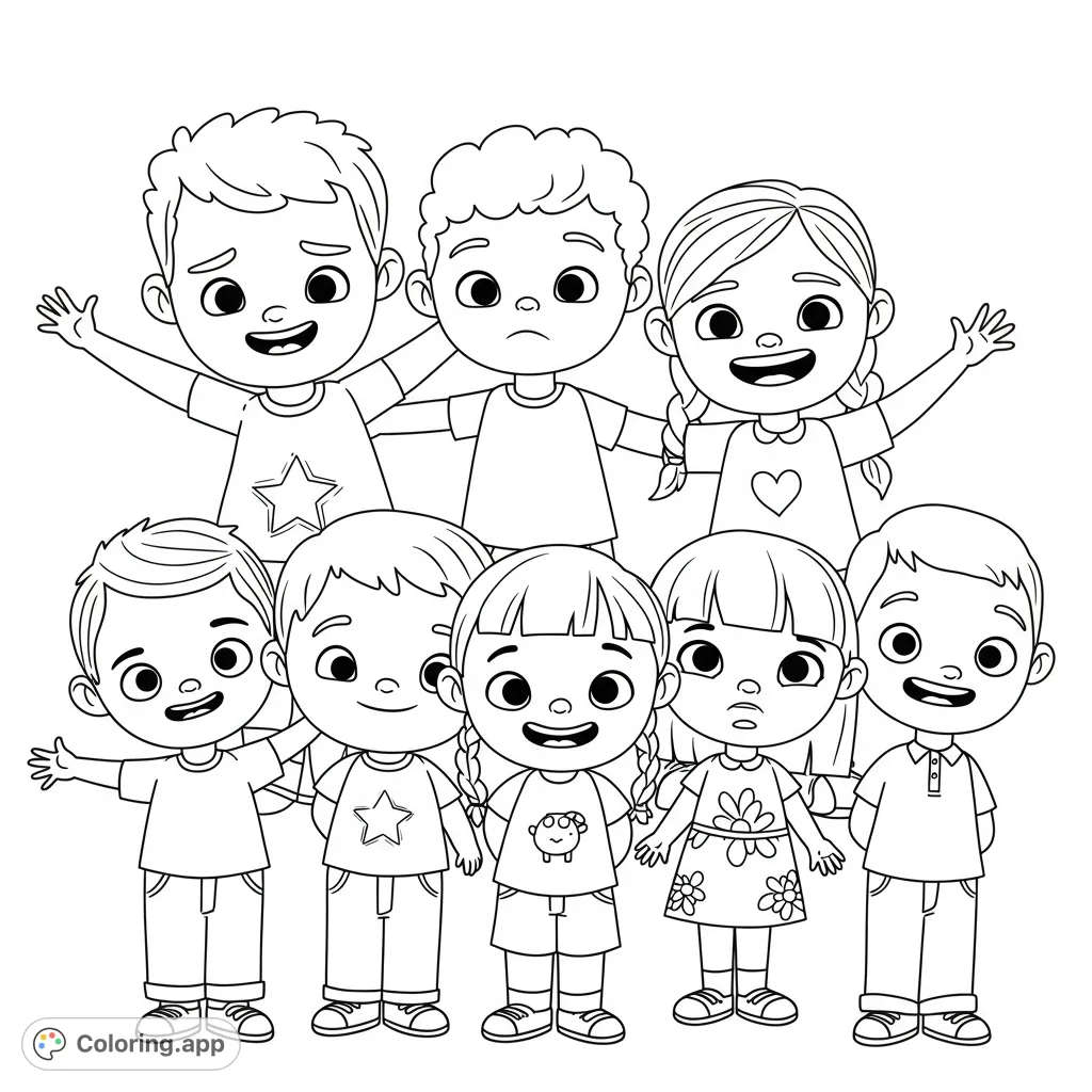 A delightful group of eight diverse children, some smiling, some frowning, ready for a burst of color. Perfect for kids and adults!