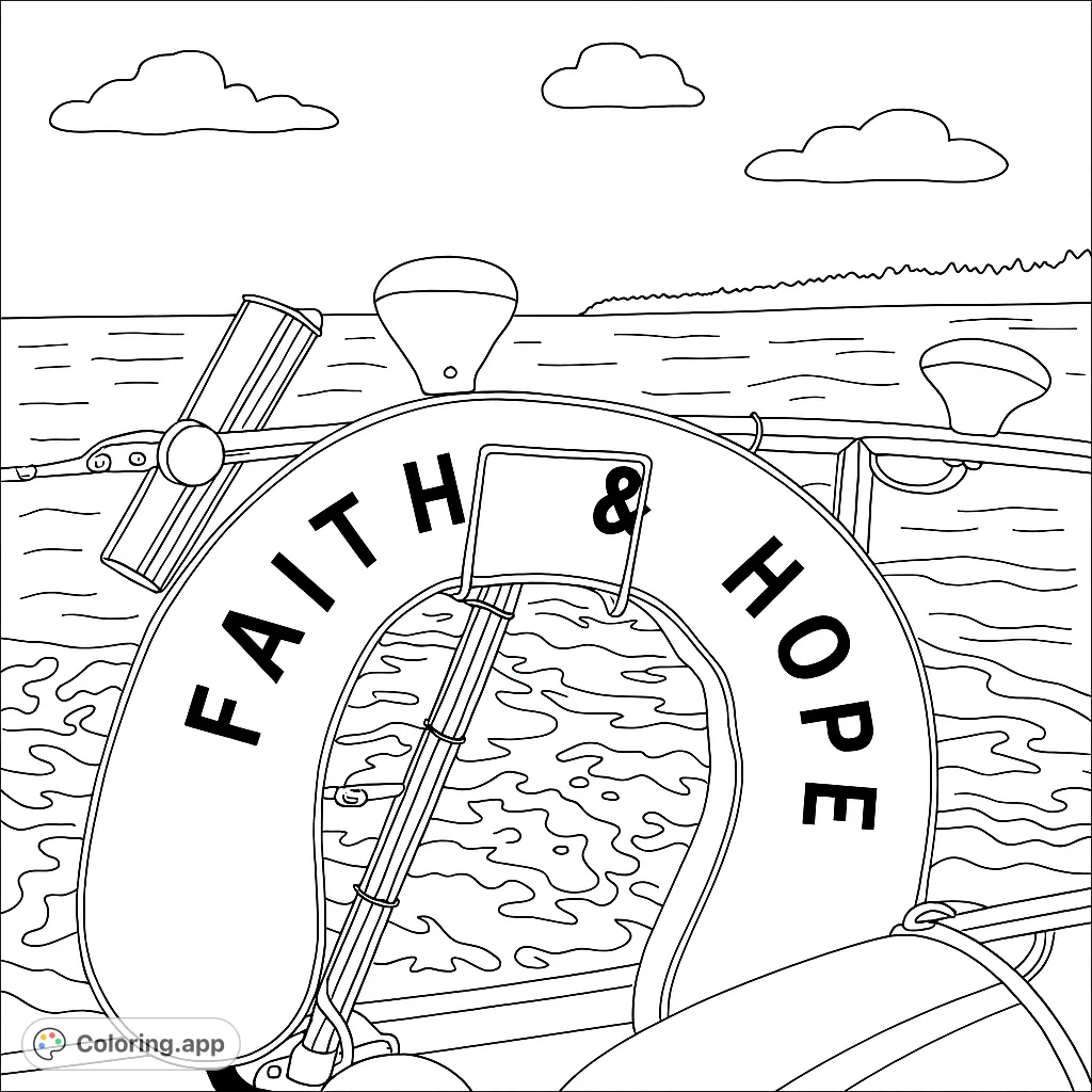 A serene nautical faith and hope coloring page featuring a lifebuoy on calm waters with distant land and clouds. Free printable coloring page.