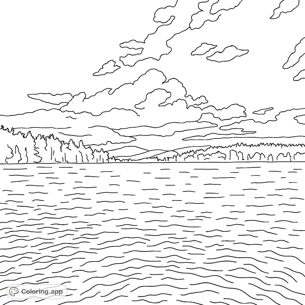 A tranquil landscape coloring page featuring a calm lake, a distant forest, and a sky full of clouds, perfect for nature lovers.