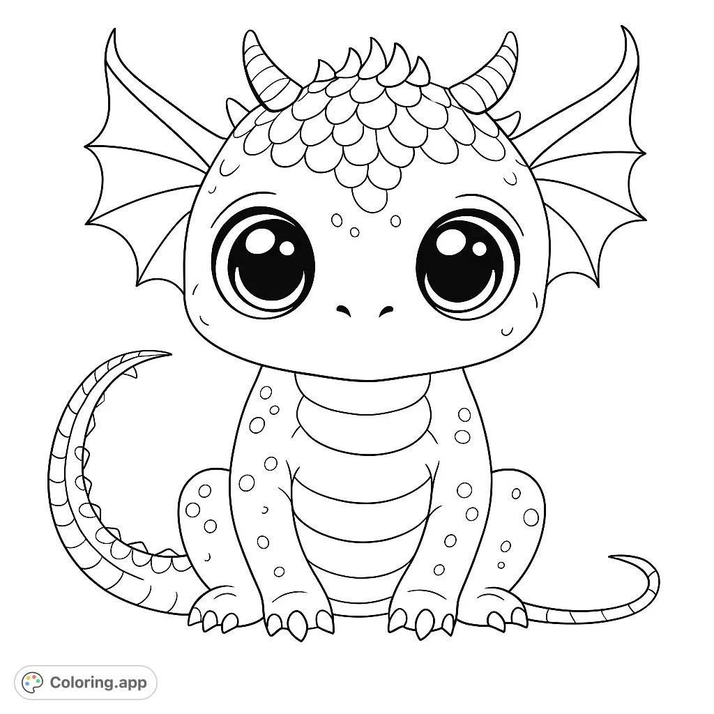 An adorable baby dragon with big, expressive eyes, small wings, and a scaly body, perfect for a magical fantasy coloring page adventure.