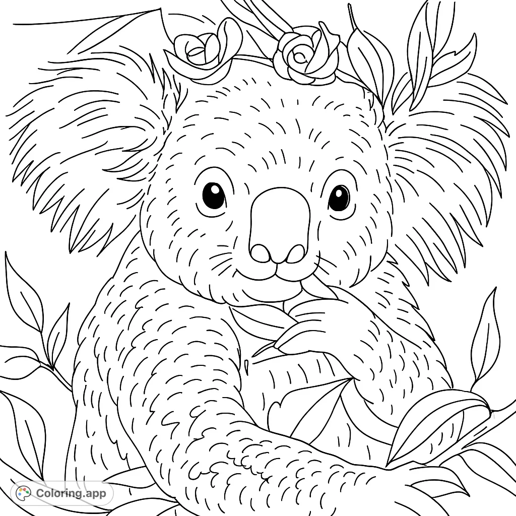 A charming koala coloring page featuring a cute koala with a floral crown and eucalyptus leaves. A free printable koala coloring page for all ages!