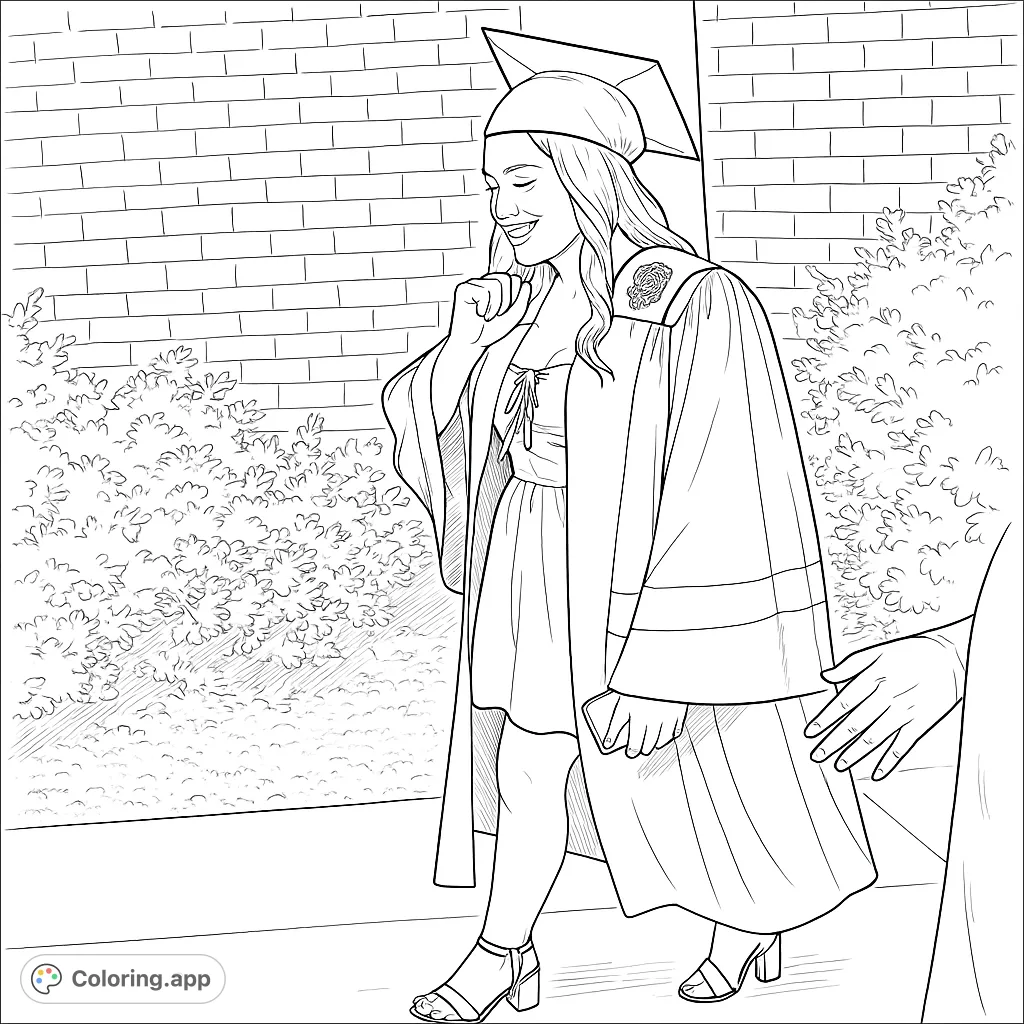 Celebrate achievement with this graduation coloring page! A smiling graduate in cap and gown walks proudly, ready for new beginnings. Free printable coloring page for all ages.