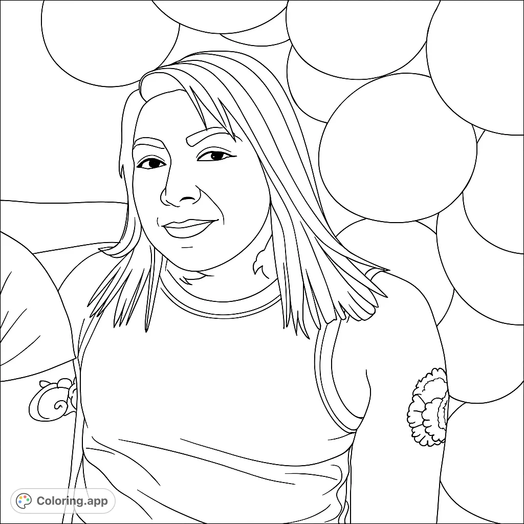 A cheerful portrait coloring page featuring a person with long hair and tattoos, set against a playful bubble background. Free printable coloring page for all ages.