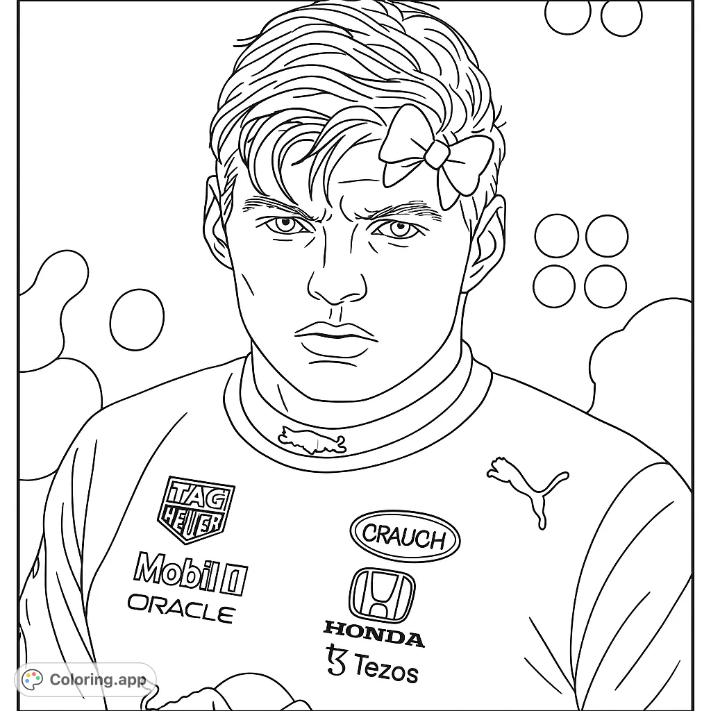 A focused male racer with a unique hair bow, wearing a detailed racing suit, set against abstract shapes. Perfect for sports fans.