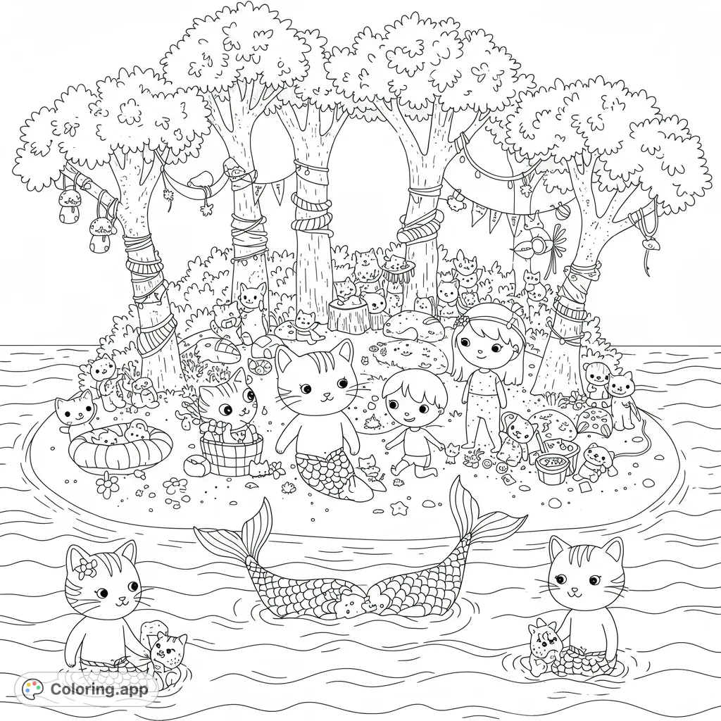 A whimsical island scene with playful mermaid cats, happy children, and countless tiny feline friends enjoying a beach party. Perfect for creative fun!