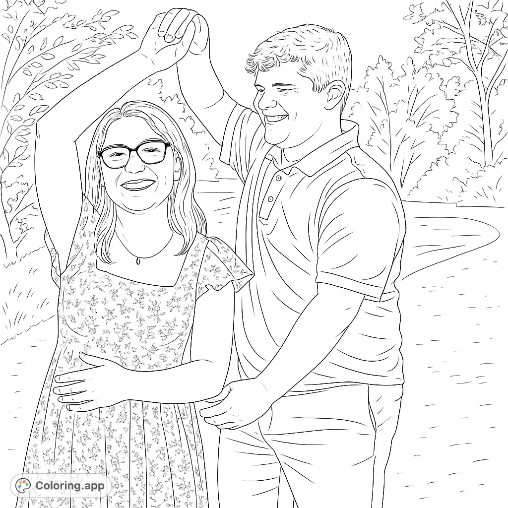 A delightful couple dancing in a park, perfect for a romantic couple coloring page. Free printable coloring page for all ages.