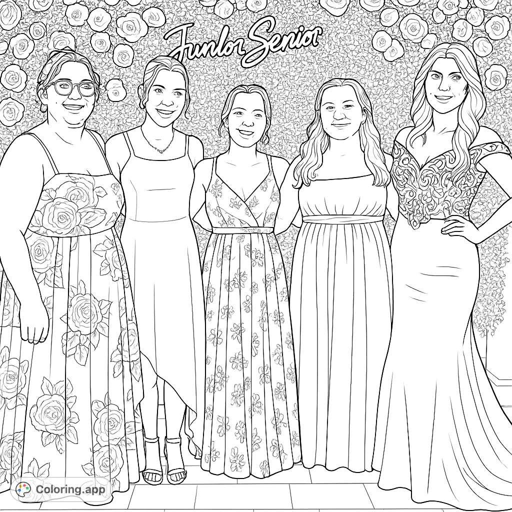 Celebrate friendship and milestones with this elegant graduation coloring page featuring five young women in beautiful dresses against a floral backdrop.