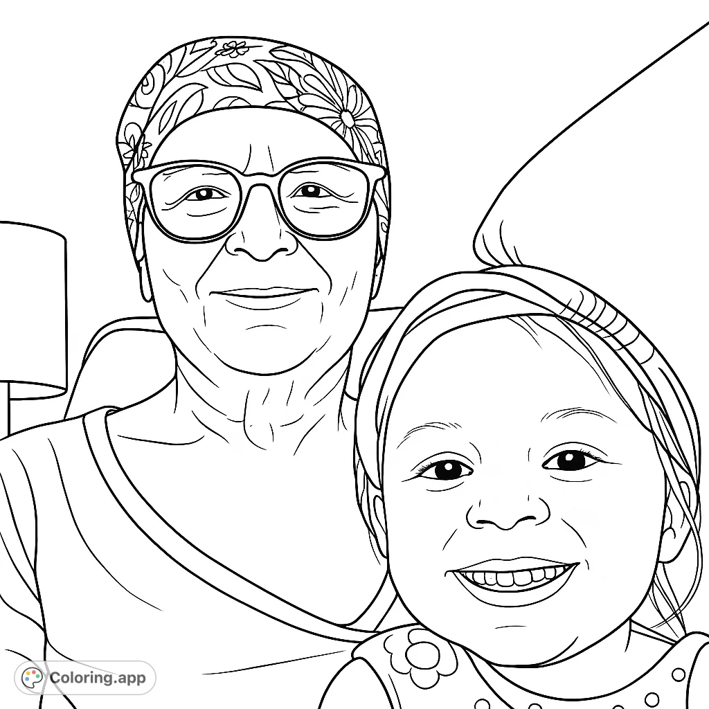A heartwarming free printable coloring page featuring a smiling grandmother and child, perfect for family bonding and creative expression.