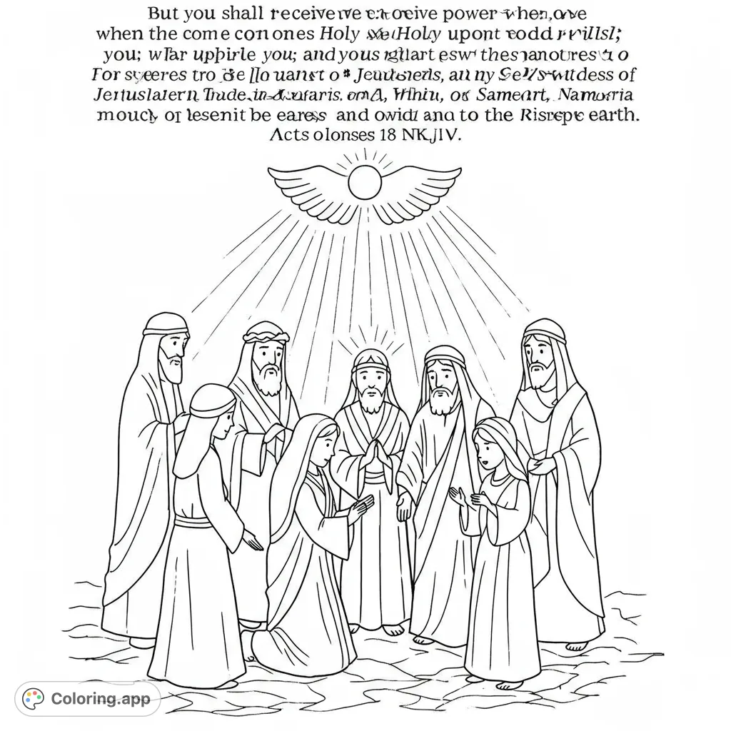 A spiritual biblical scene showing the Holy Spirit descending upon disciples. A free printable religious coloring page for reflection.