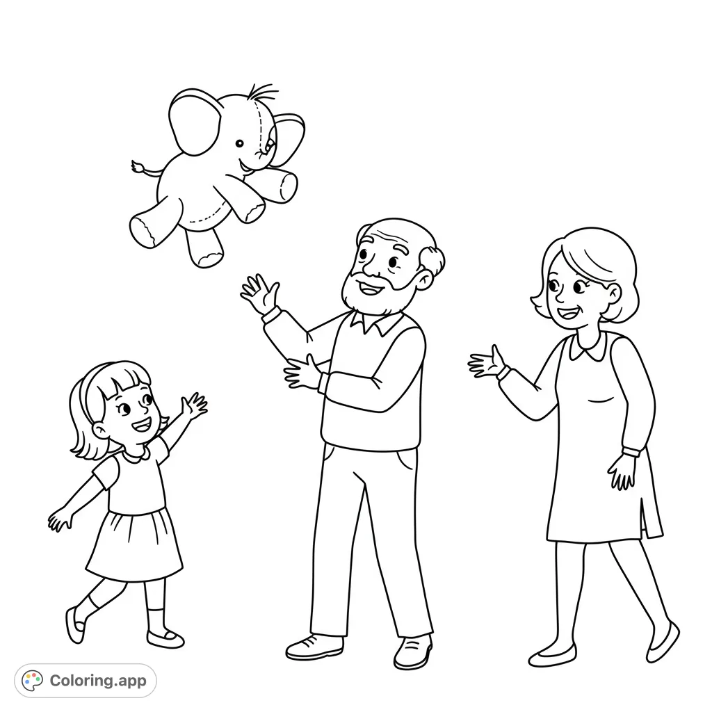 A heartwarming family fun coloring page featuring a little girl, grandparents, and a playful stuffed elephant toy. Perfect for all ages.