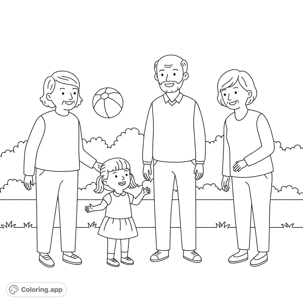 A heartwarming family coloring page featuring a young girl with her grandparents outdoors, ready for fun. Perfect for all ages to enjoy!