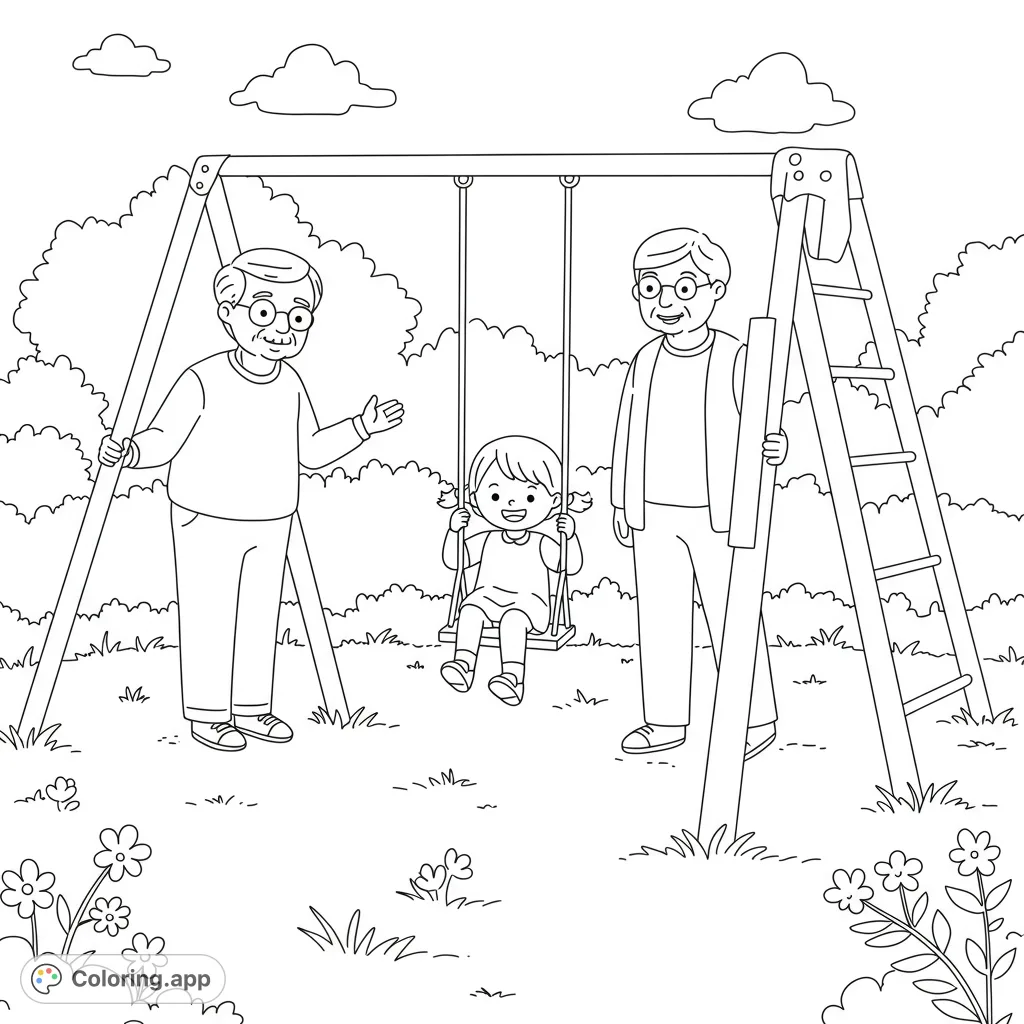 A heartwarming family coloring page featuring a child happily swinging with two smiling grandparents in a park. Perfect for all ages.