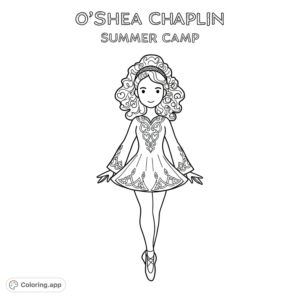 A charming Irish dancer in a traditional costume adorned with intricate Celtic knots, perfect for a free printable coloring page.