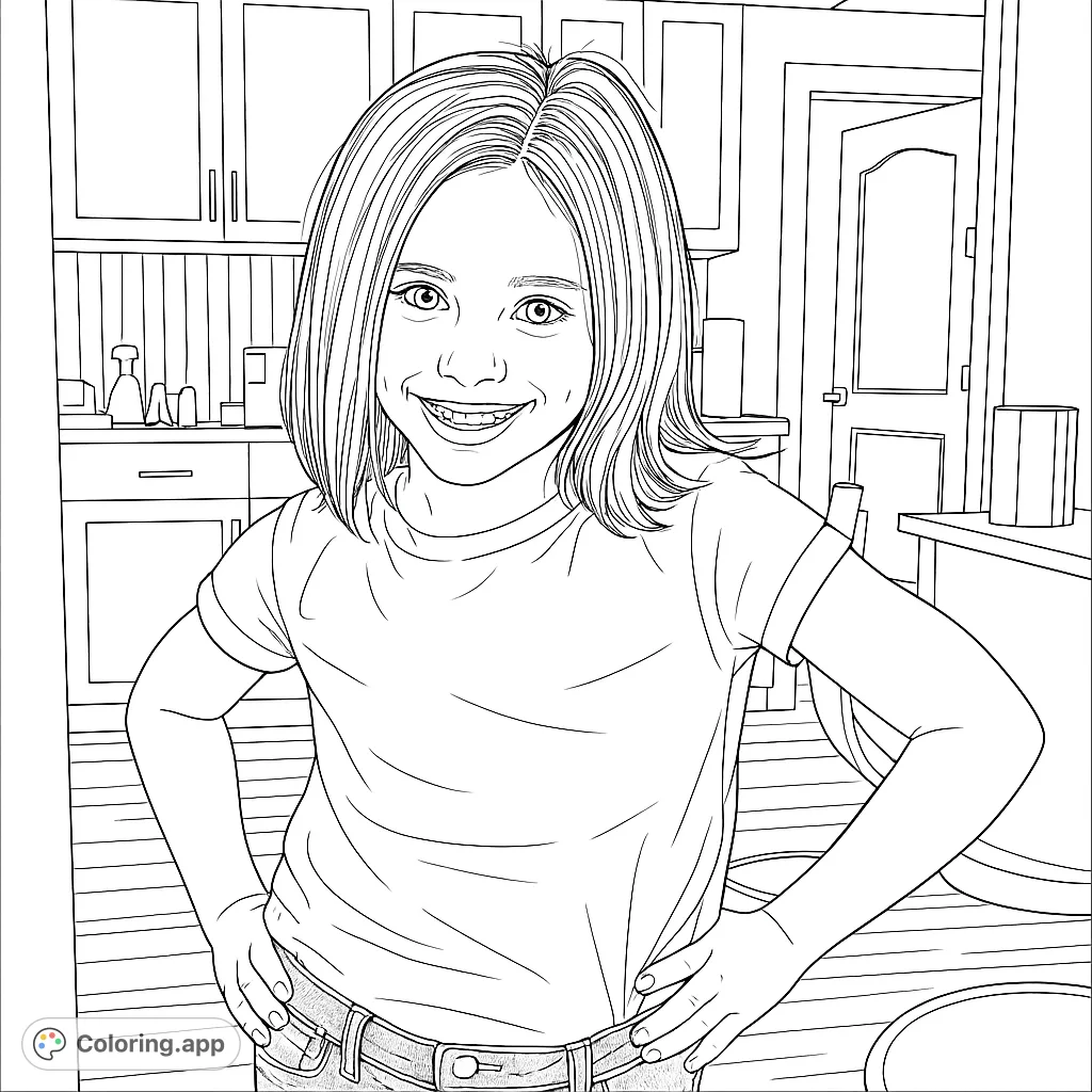 A delightful free printable coloring page featuring a happy young girl smiling brightly in a home setting. Perfect for kids and adults.