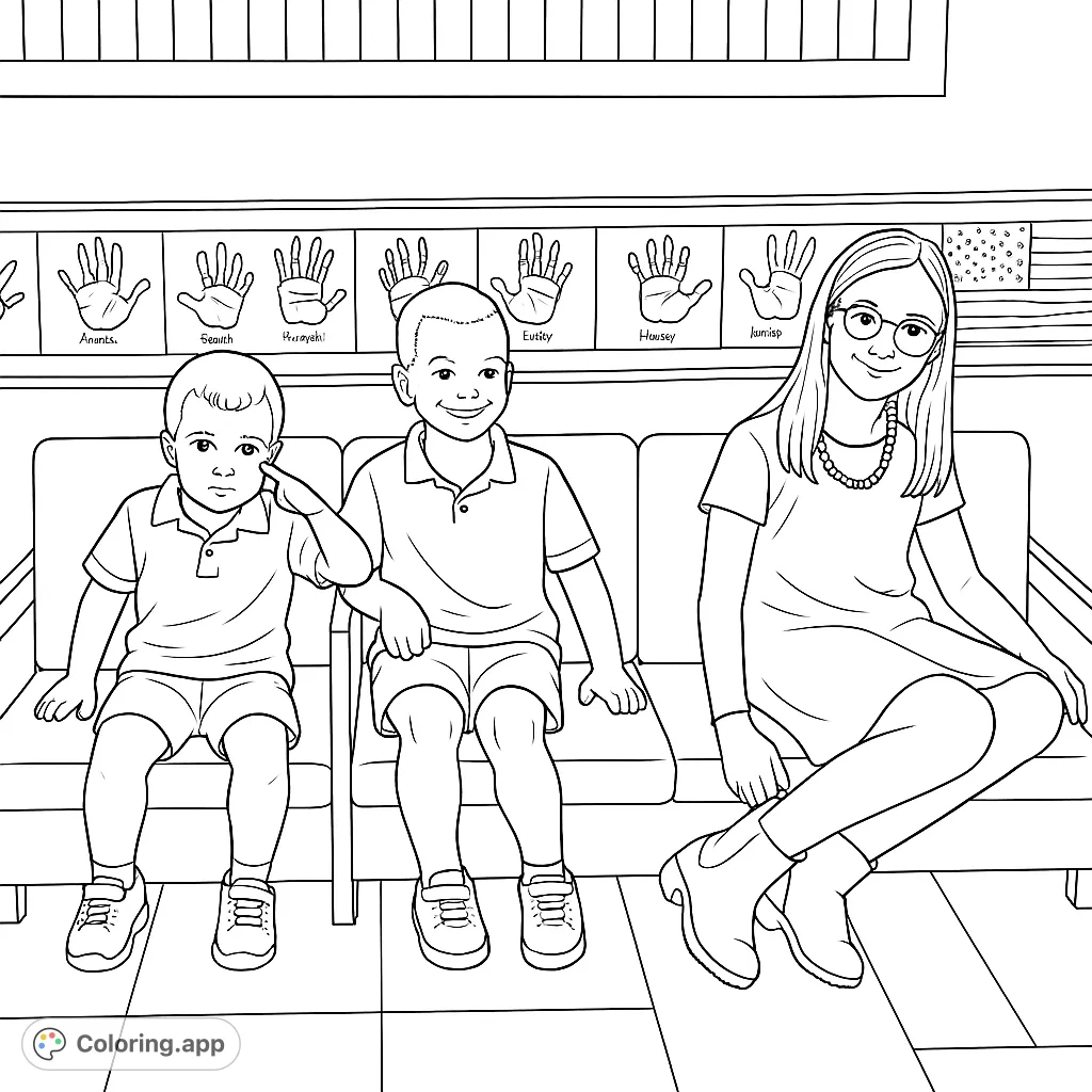 A heartwarming children coloring page featuring three kids on a bench with handprints and an American flag. Free printable for all ages!