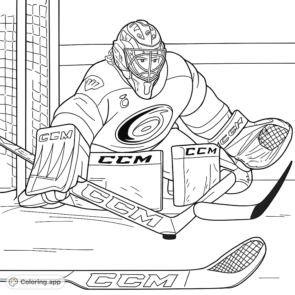 Dynamic hockey goalie coloring page, ready for action on the ice. Features detailed gear, net, and puck for sports fans.