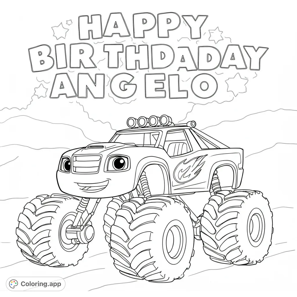 A cheerful monster truck with huge wheels and a friendly face, ready for off-road fun. A free printable monster truck coloring page for kids!