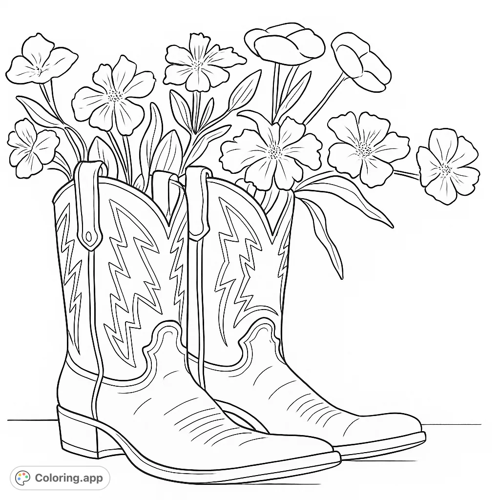 A charming western boots coloring page featuring a pair of cowboy boots overflowing with beautiful wildflowers. Perfect for country and floral enthusiasts.