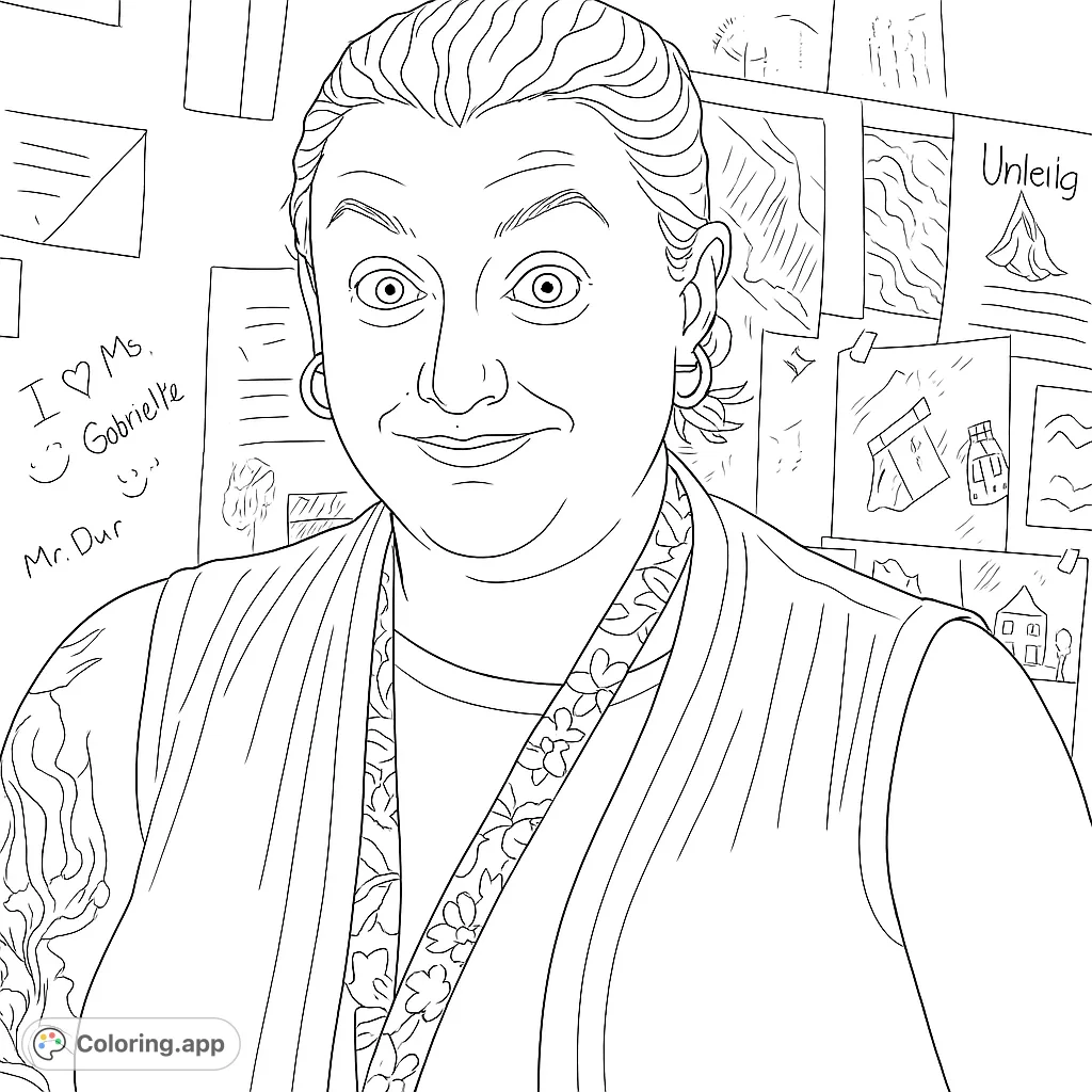A warm portrait of a teacher with a patterned lanyard, set against a lively classroom bulletin board. Perfect for a teacher appreciation coloring page.