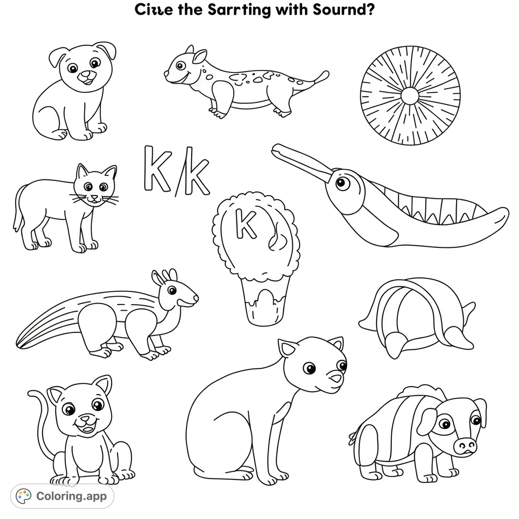A fun letter K coloring page featuring a kiwi, koala, kangaroo, puppy, cat, and more cute animals. Free printable for kids!