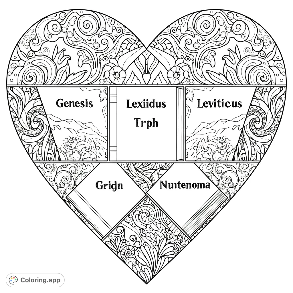 An intricate heart design featuring stylized books and elaborate scrollwork patterns. A unique spiritual or educational heart coloring page for all ages.