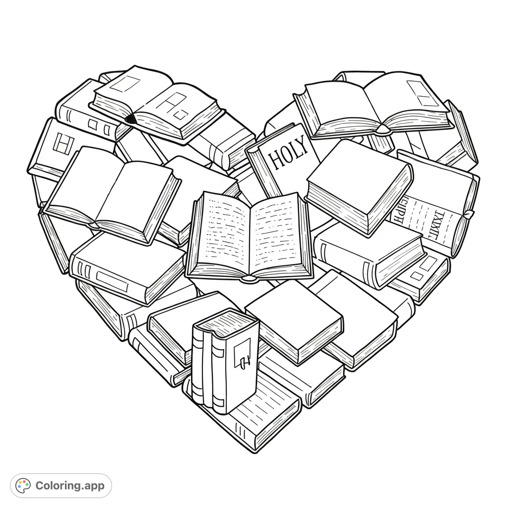 Discover a unique book heart coloring page, a free printable design featuring stacked books forming a heart. Ideal for book lovers and all ages.
