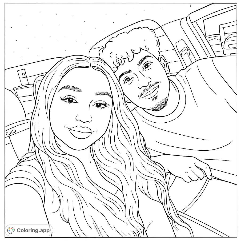 Capture a sweet car selfie moment! This free printable couple's coloring page features a smiling duo, perfect for personalizing with your favorite colors.
